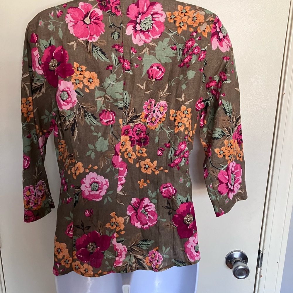 Floral 100% Linen Button-Up Women's 3/4 Sleeve Top Cottage Size Small - Picture 3 of 5